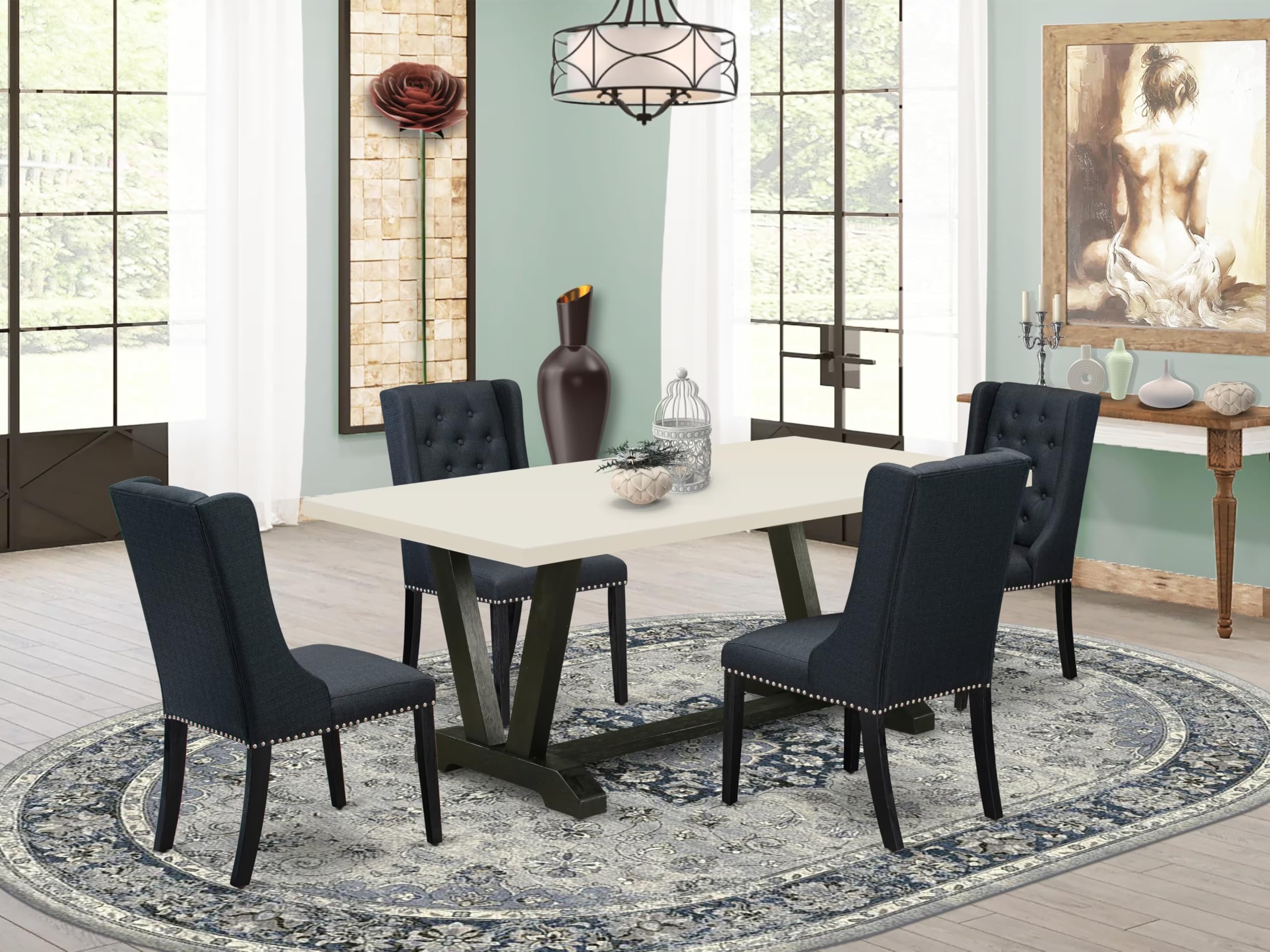 East West Furniture V627FO624-5 5 Piece Dining Room Furniture Set Includes a Rectangle Dining Table with V-Legs and 4 Black Linen Fabric Upholstered Chairs, 40x72 Inch, Multi-Color